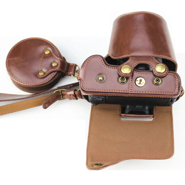 PU Leather Protective Case + Strap + Camera Lens Bag for Canon EOS M50 - Coffee - 3