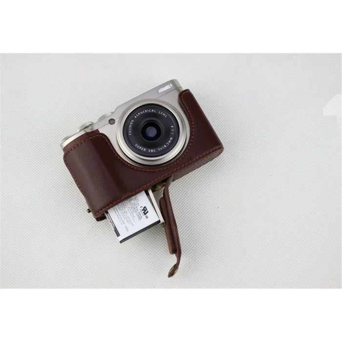 Genuine Leather Half Bottom Camera Pouch Case for Fujifilm XF10 Digital Compact Camera - Coffee - 2