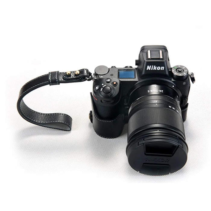 For Nikon Z7 Genuine Leather Half Bottom Camera Protection Shell with Strap - Black - 1
