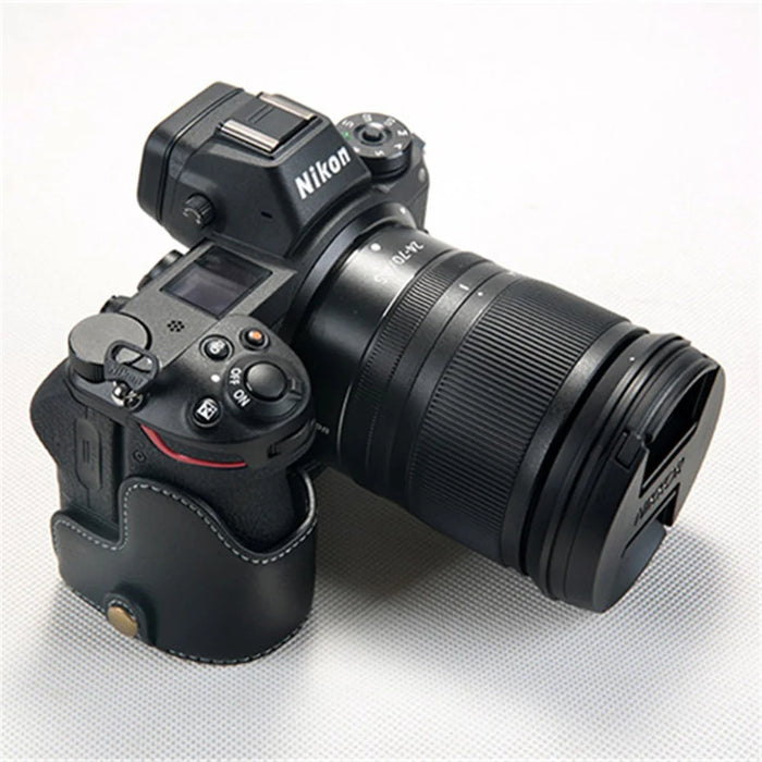 For Nikon Z7 Genuine Leather Half Bottom Camera Protection Shell with Strap - Black - 3