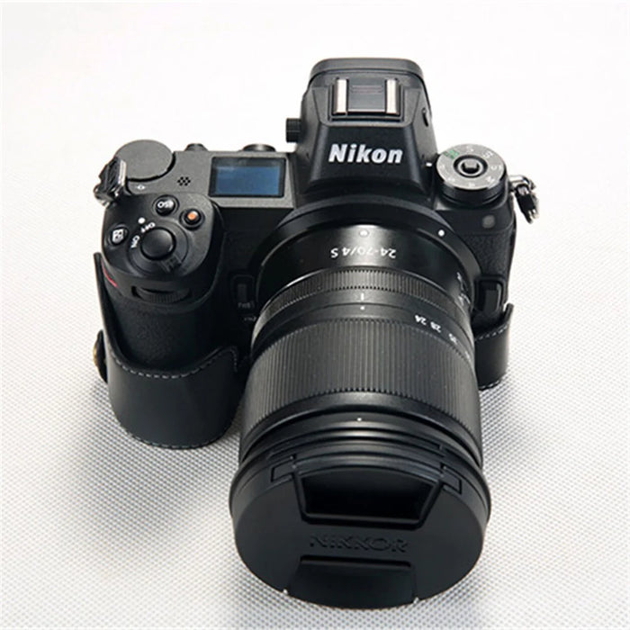 For Nikon Z7 Genuine Leather Half Bottom Camera Protection Shell with Strap - Black - 4