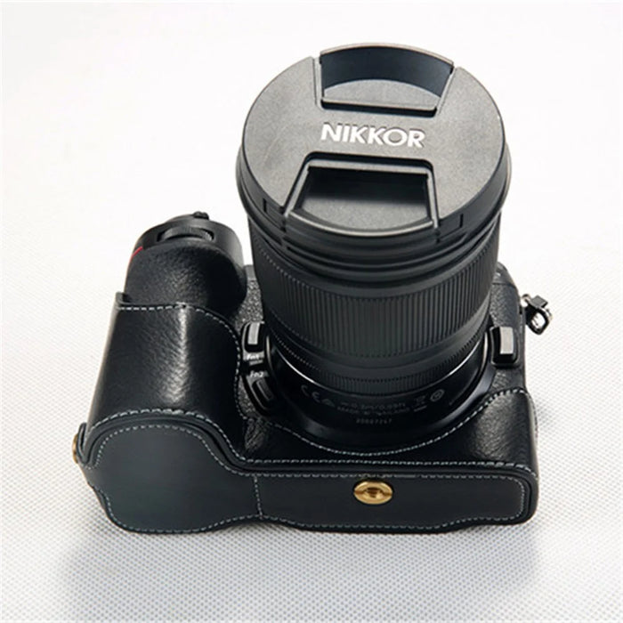 For Nikon Z7 Genuine Leather Half Bottom Camera Protection Shell with Strap - Black - 5