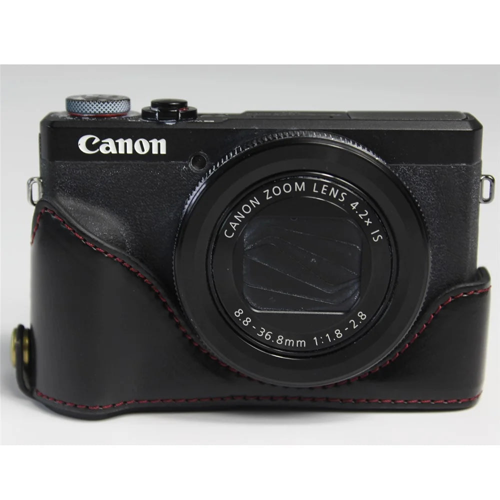 PU Leather Half Camera Case Bag Cover Protector for Canon PowerShot G7 X Mark III - Black - 1