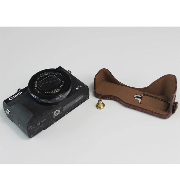 Genuine Leather Half Camera Case Bag Cover Protector for Canon PowerShot G7 X Mark III - Coffee - 7