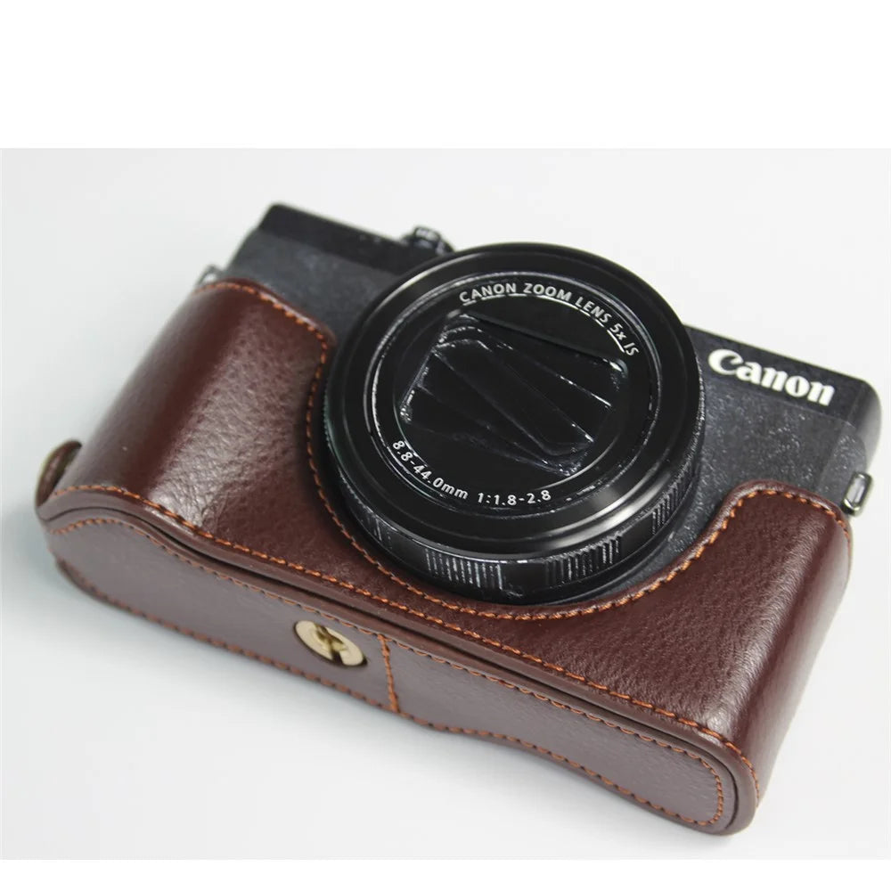 Genuine Leather Half Camera Case Bag Cover Protector for Canon PowerShot G5 X Mark II - Coffee - 3