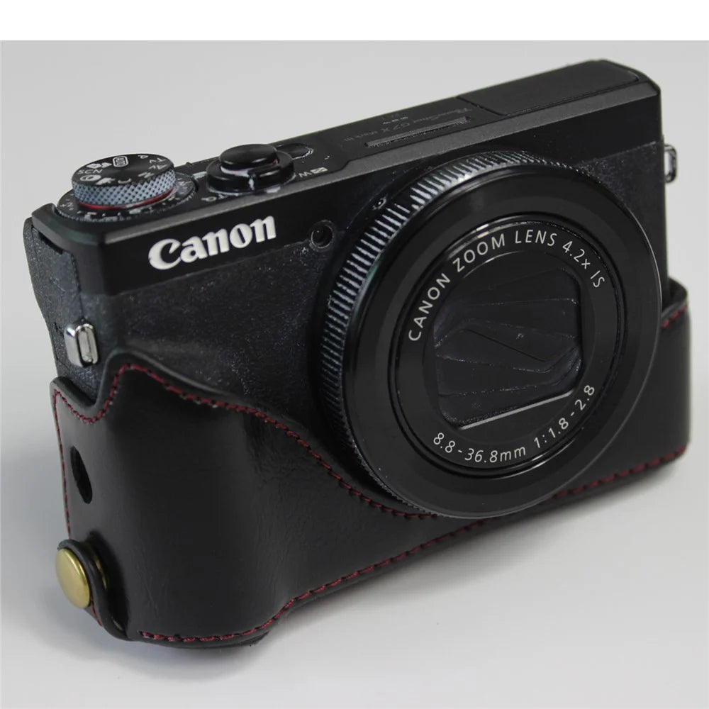 PU Leather Half Camera Case Bag with Strap for Canon PowerShot G7 X Mark III - Black - 1