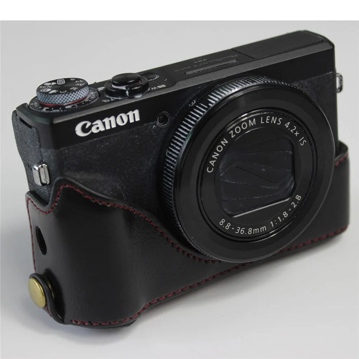 PU Leather Half Camera Case Bag with Strap for Canon PowerShot G7 X Mark III - Black - 1