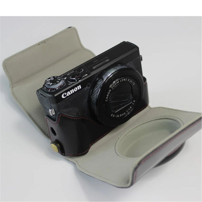PU Leather Half Camera Case Bag with Strap for Canon PowerShot G7 X Mark III - Black - 4