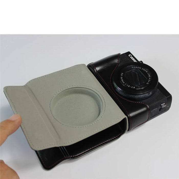 PU Leather Half Camera Case Bag with Strap for Canon PowerShot G7 X Mark III - Black - 5