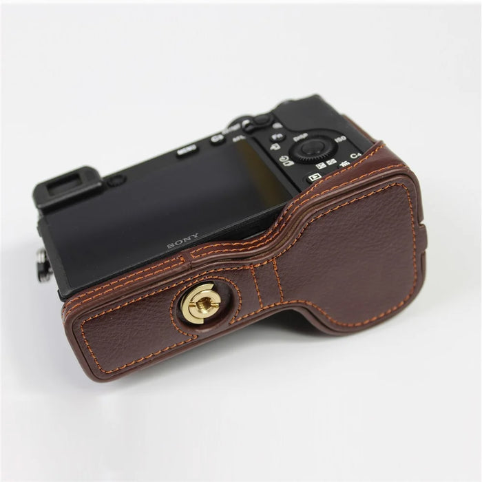 Genuine Leather Camera Protection Base Protection Semi-Case for Sony A6600 - Coffee - 7