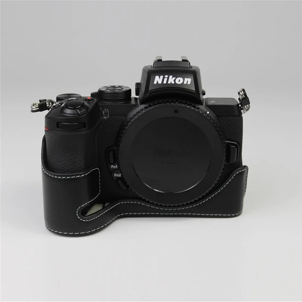 Genuine Leather Half Bottom Camera Protective Case Bag for Nikon Z50 / Z30 - Black - 1