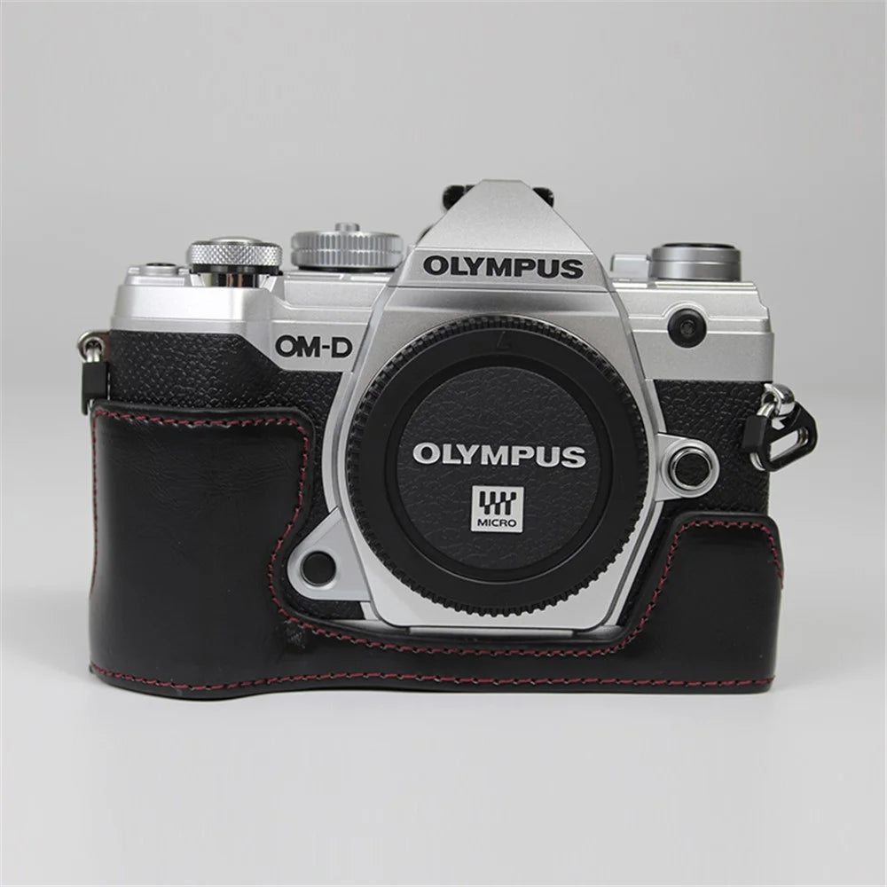 Half Camera PU Leather Protective Shell for Olympus E-M5 Mark III / OM-5 - Black - 1