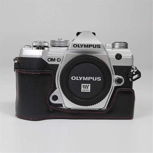 Half Camera PU Leather Protective Shell for Olympus E-M5 Mark III / OM-5 - Black - 1