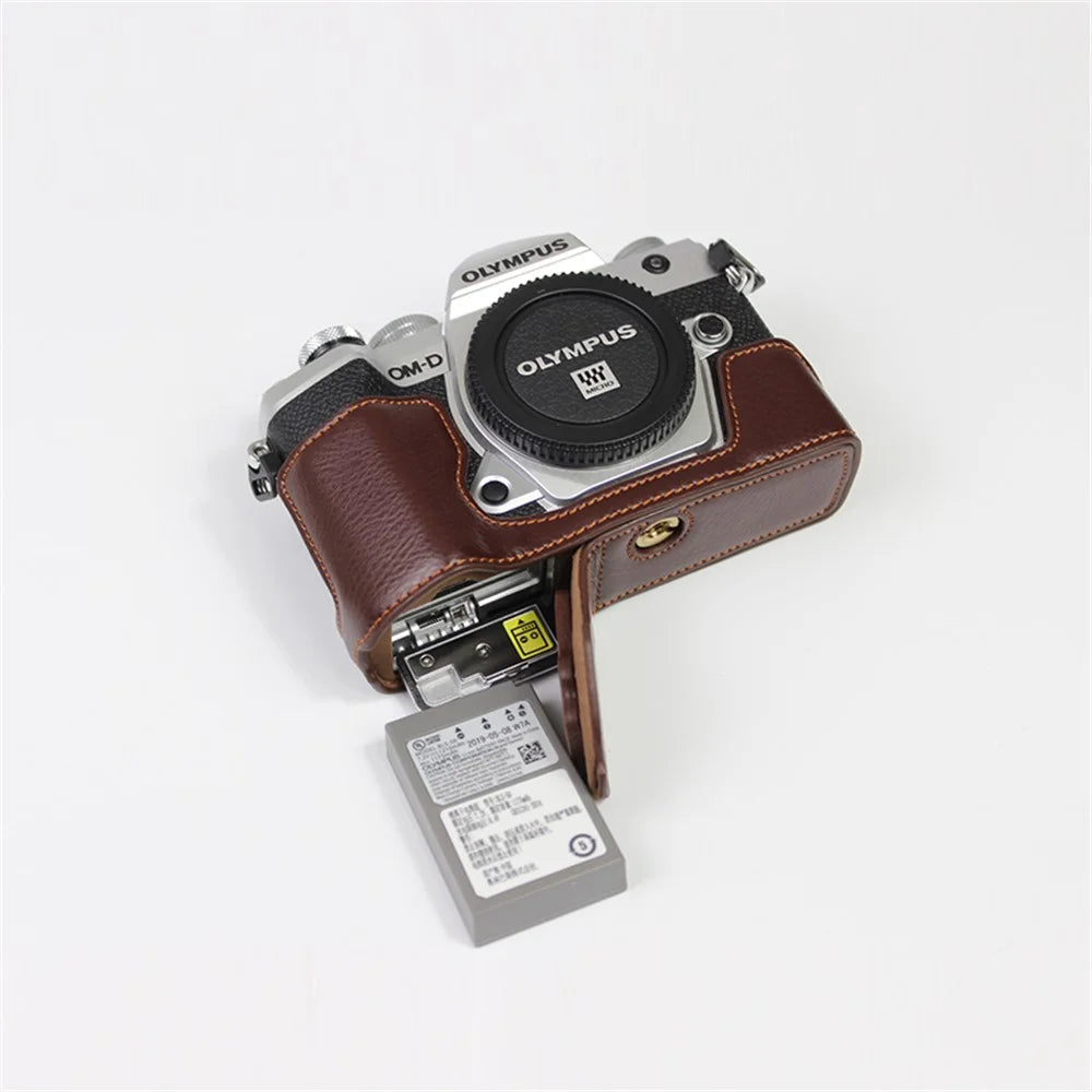 Genuine Leather Half Bottom Camera Protective Case Bag for for Olympus E-M5 Mark III / OM-5 - Brown - 4