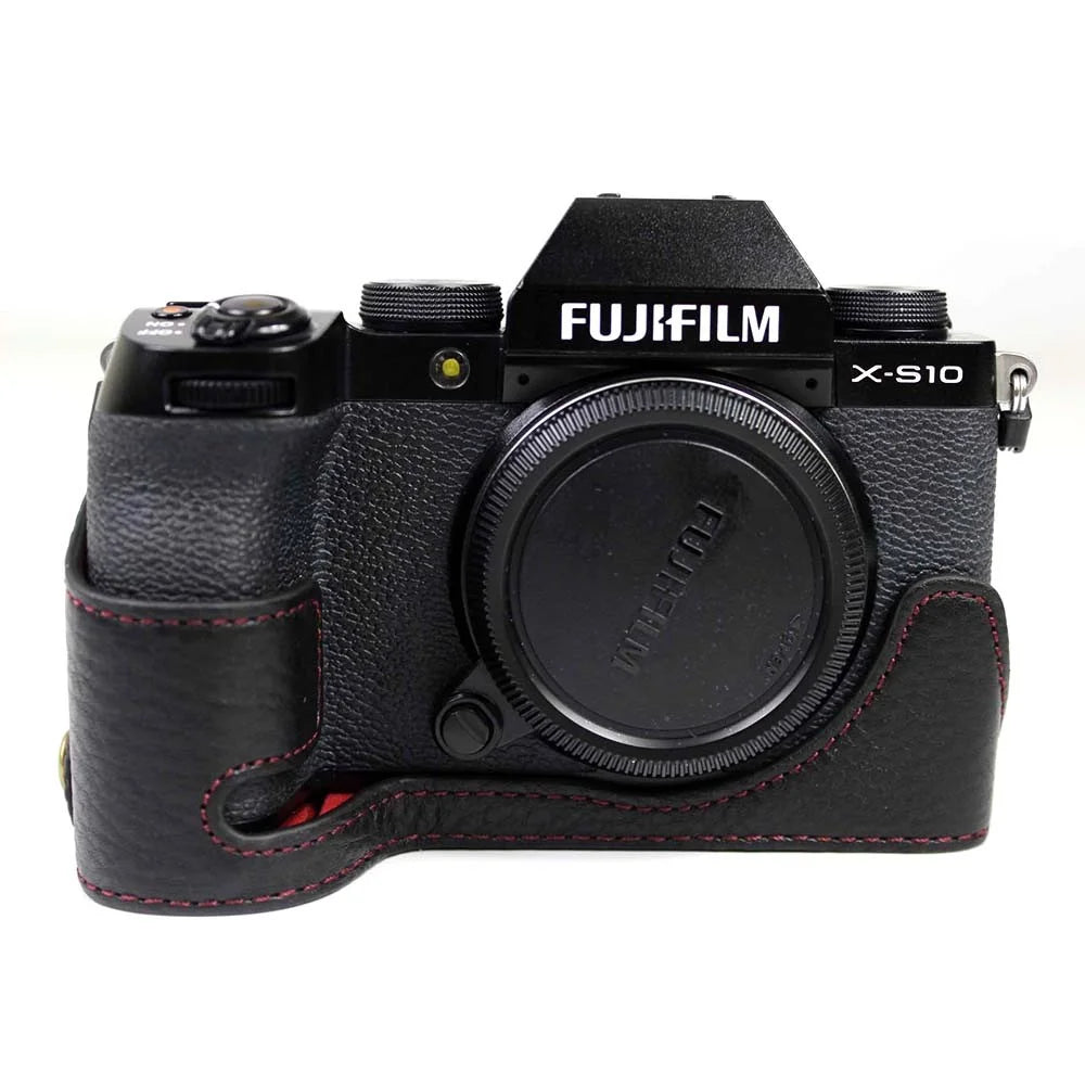 Genuine Leather Camera Half Cover Case for Fujifilm Fuji X-S10 - Black - 1