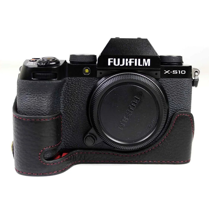 Genuine Leather Camera Half Cover Case for Fujifilm Fuji X-S10 - Black - 1