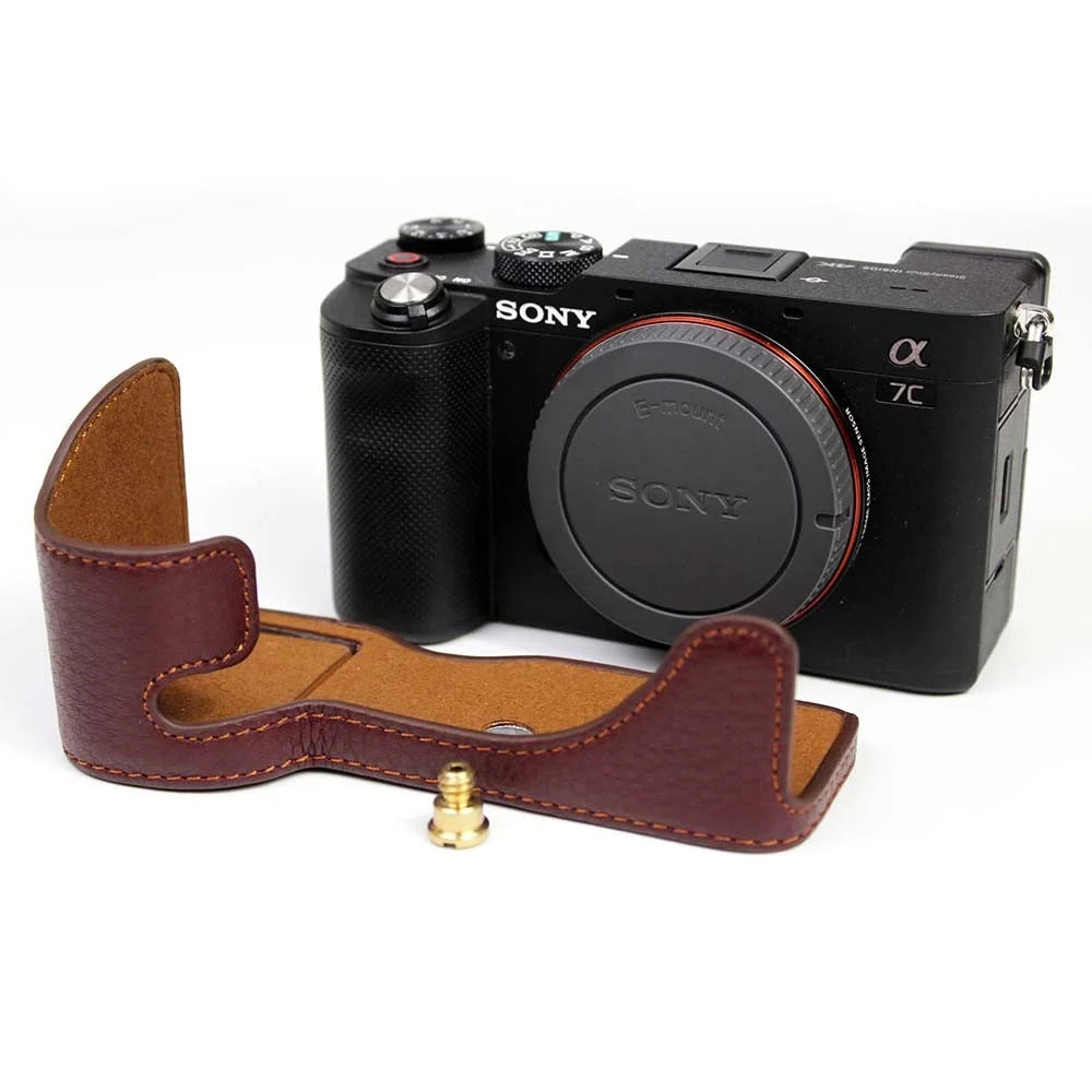 Genuine Leather Camera Half Cover Case for Sony A7C Camera - Coffee - 7