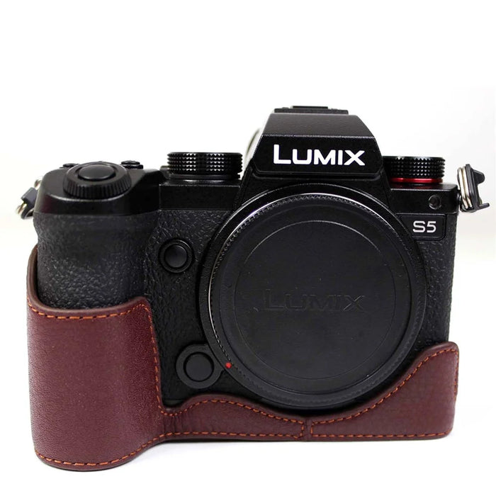 Genuine Leather Camera Protective Half Case Bottom Cover with Battery Opening for Panasonic Lumix S5 / S5 II - Coffee - 1