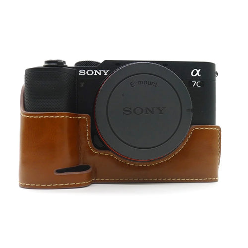 Camera Half Case PU Leather Bottom Protective Cover with Battery Opening for Sony A7C - Brown - 1