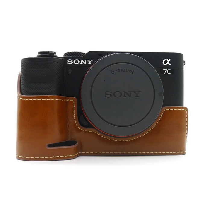 Camera Half Case PU Leather Bottom Protective Cover with Battery Opening for Sony A7C - Brown - 1