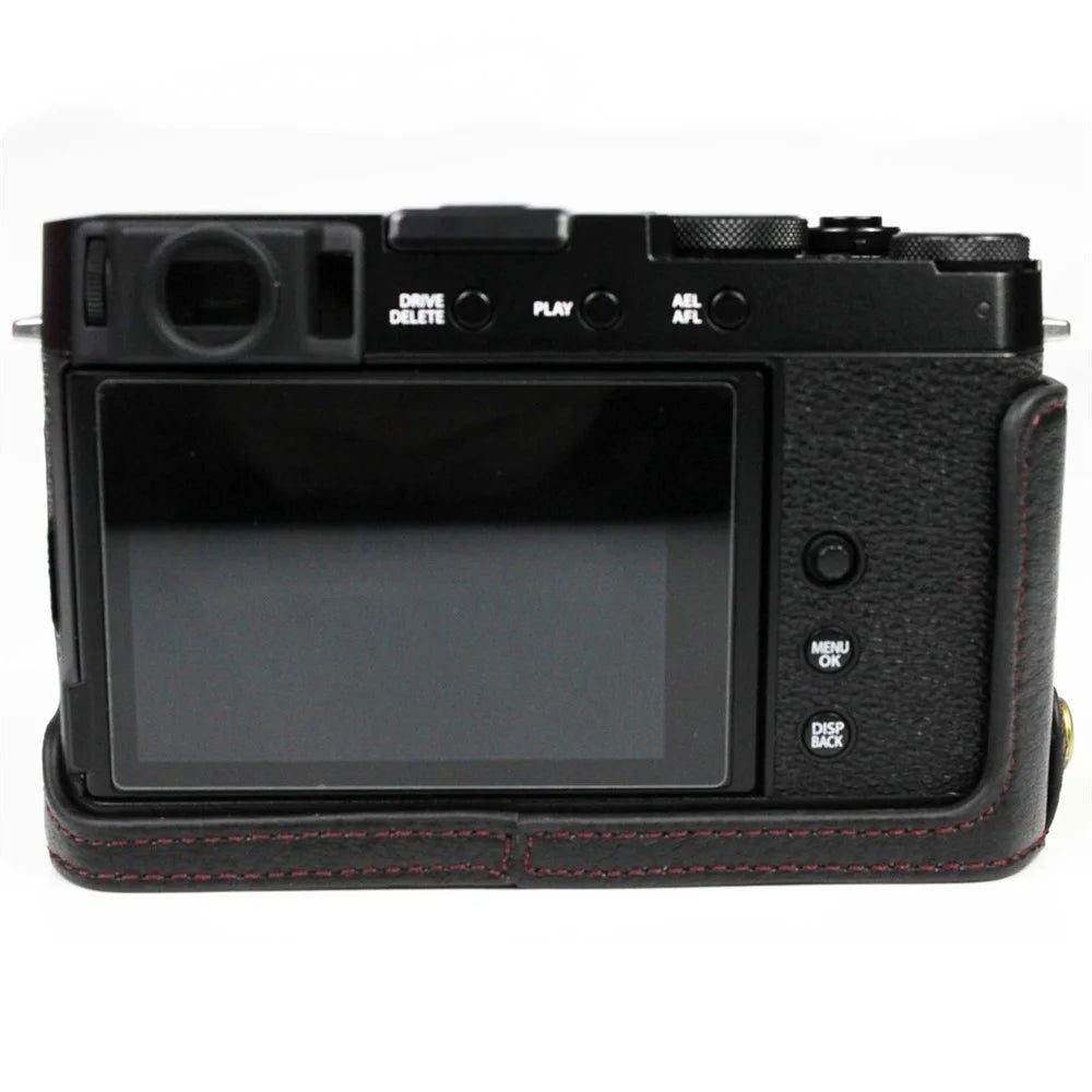 Genuine Leather Camera Bag Bottom Case Half Body Cover Protector with Battery Opening for Fuji X-E4 - Black - 7