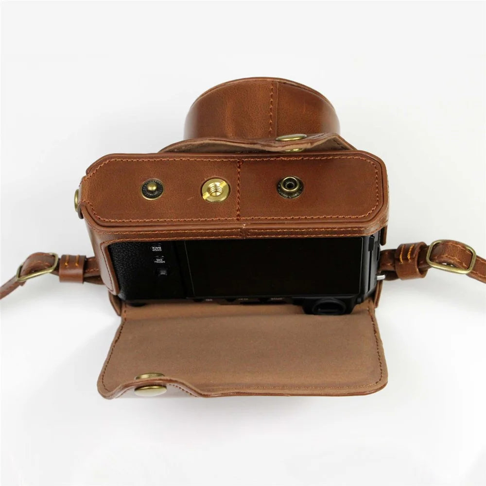PU Leather Camera Bag Case Lens Protective Cover with Battery Opening Shoulder Strap for Fuji X-E4 - Coffee - 4