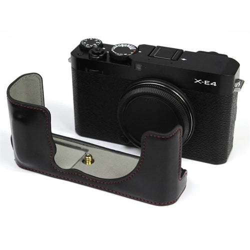 PU Leather Camera Bag Bottom Case Protective Half Body Cover with Battery Opening for Fuji X-E4 - Black - 1