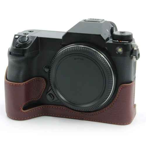 Camera Bottom Case Genuine Leather Protective Half Body Cover with Battery Opening for Fuji GFX100S / GFX100S II / GFX 50S II - Coffee - 1