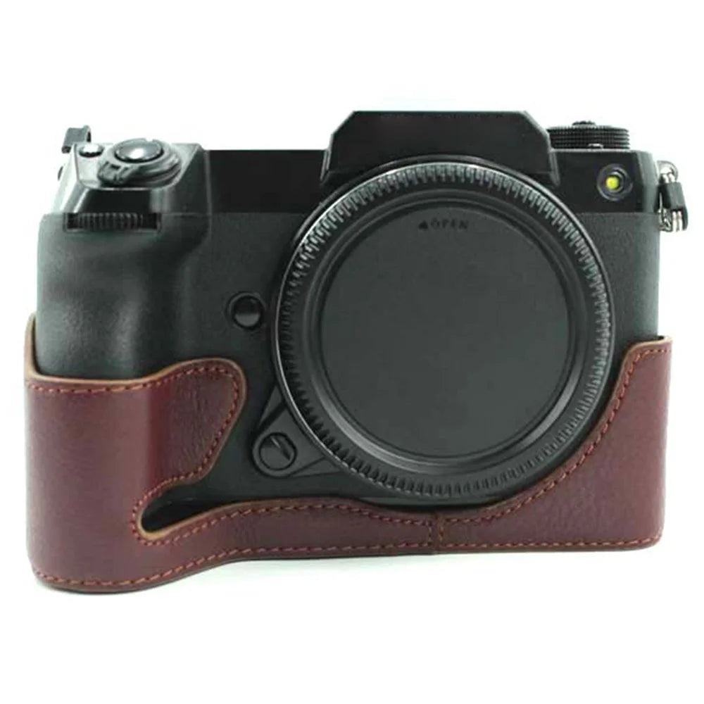 Camera Bottom Case Genuine Leather Protective Half Body Cover with Battery Opening for Fuji GFX100S / GFX100S II / GFX 50S II - Coffee - 2