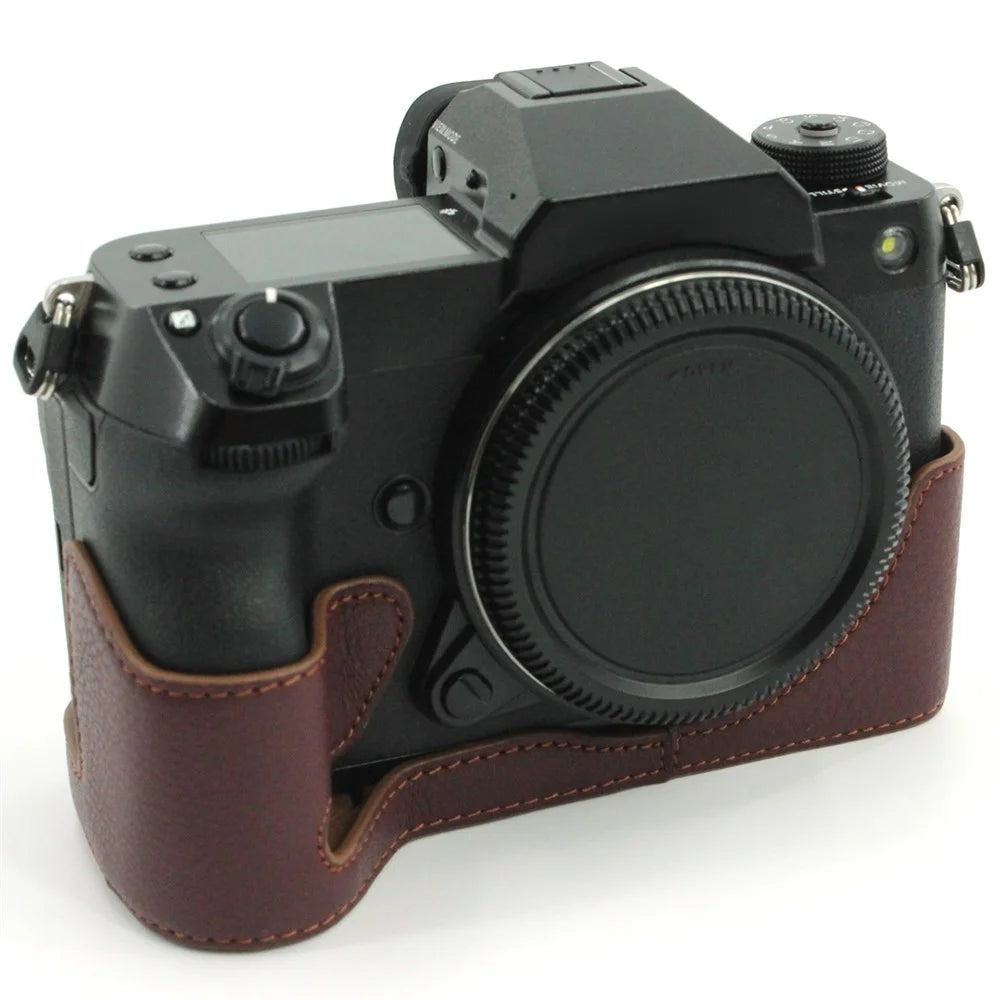 Camera Bottom Case Genuine Leather Protective Half Body Cover with Battery Opening for Fuji GFX100S / GFX100S II / GFX 50S II - Coffee - 3