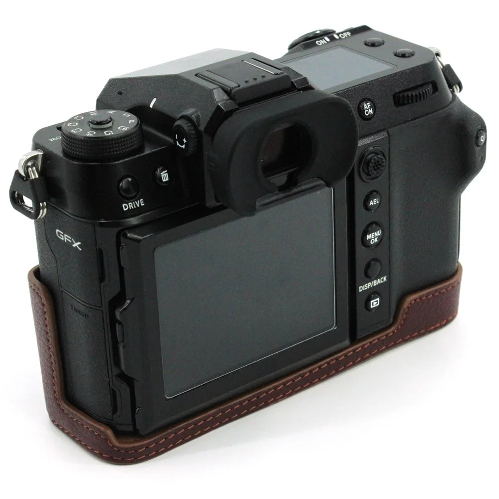 Camera Bottom Case Genuine Leather Protective Half Body Cover with Battery Opening for Fuji GFX100S / GFX100S II / GFX 50S II - Coffee - 5