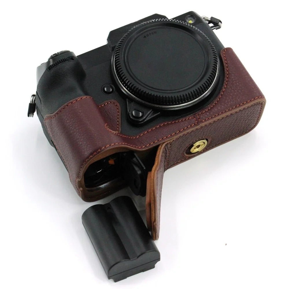 Camera Bottom Case Genuine Leather Protective Half Body Cover with Battery Opening for Fuji GFX100S / GFX100S II / GFX 50S II - Coffee - 7