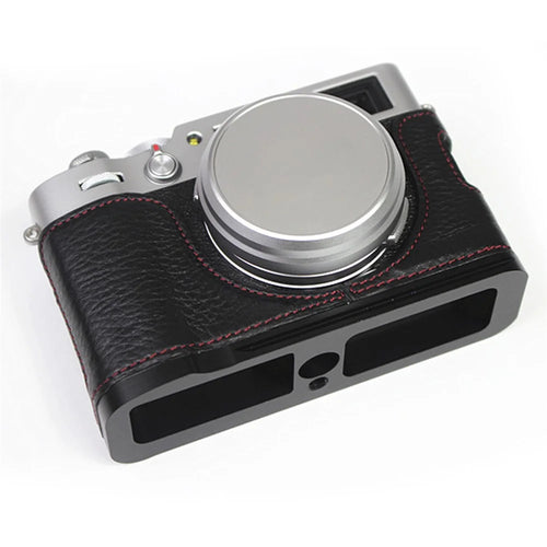 Genuine Leather Camera Half Body Cover Bottom Case Quick Release Plate Set for Fuji X100V - Litchi Texture Black - 1