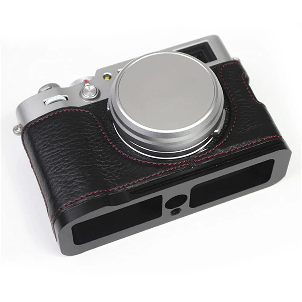 Genuine Leather Camera Half Body Cover Bottom Case Quick Release Plate Set for Fuji X100V - Litchi Texture Black - 1