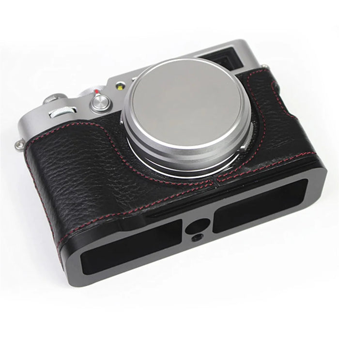 Genuine Leather Camera Half Body Cover Bottom Case Quick Release Plate Set for Fuji X100V - Litchi Texture Black - 1