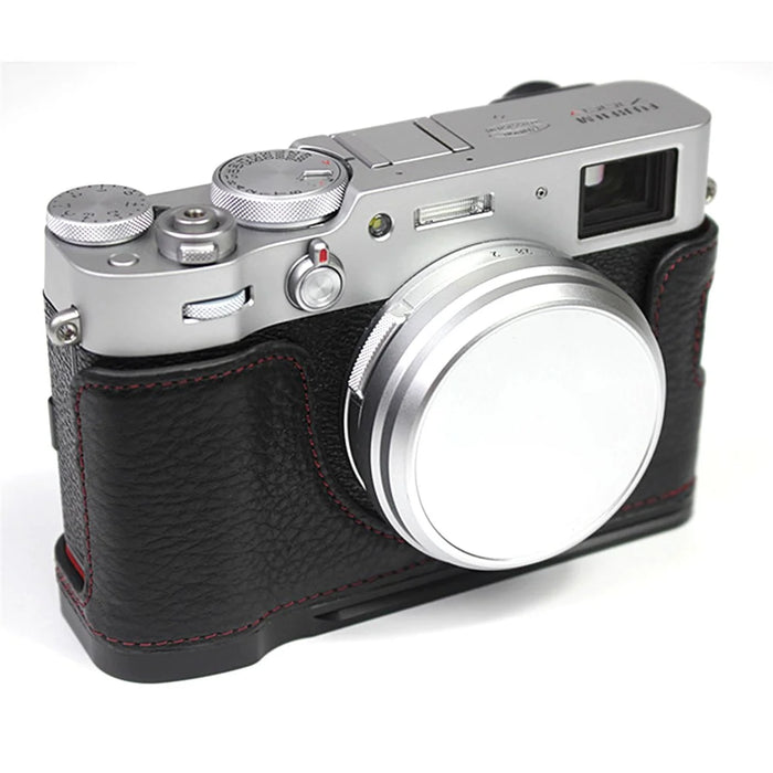 Genuine Leather Camera Half Body Cover Bottom Case Quick Release Plate Set for Fuji X100V - Litchi Texture Black - 2