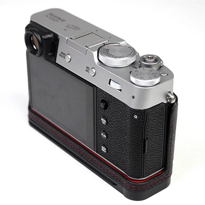 Genuine Leather Camera Half Body Cover Bottom Case Quick Release Plate Set for Fuji X100V - Litchi Texture Black - 3