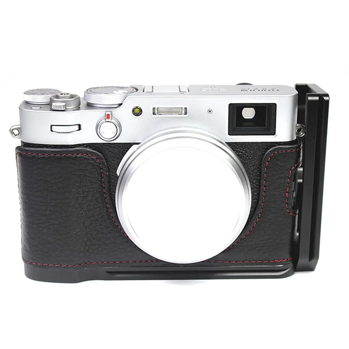 Genuine Leather Camera Half Body Cover Bottom Case Quick Release Plate Set for Fuji X100V - Litchi Texture Black - 4