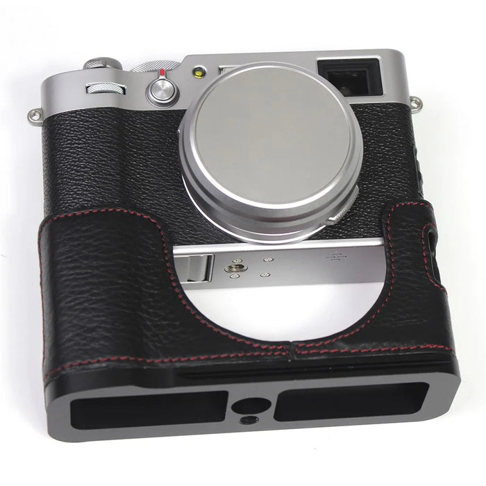 Genuine Leather Camera Half Body Cover Bottom Case Quick Release Plate Set for Fuji X100V - Litchi Texture Black - 6