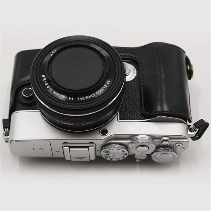 PU Leather Camera Bottom Case Protection Half Cover with Battery Opening for Olympus PEN E-P7/EP7 - Black - 7