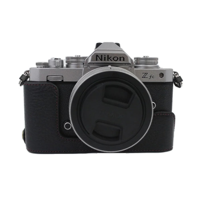 Genuine Leather Camera Bottom Case Protective Half Body Cover with Battery Opening for Nikon Z fc - Black - 1