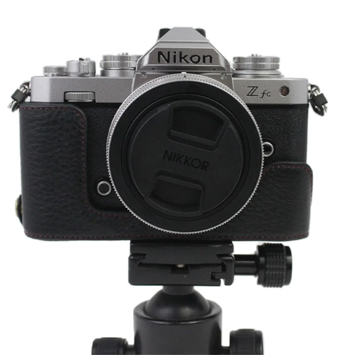 Genuine Leather Camera Bottom Case Protective Half Body Cover with Battery Opening for Nikon Z fc - Black - 7