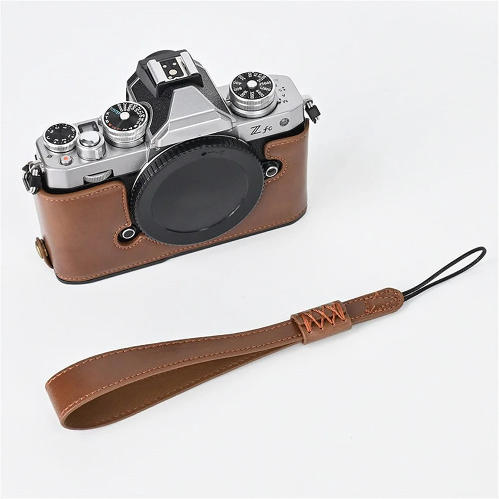 Camera Bag Bottom Case PU Leather Protective Half Body Cover with Battery Opening for Nikon Z fc - Coffee - 1