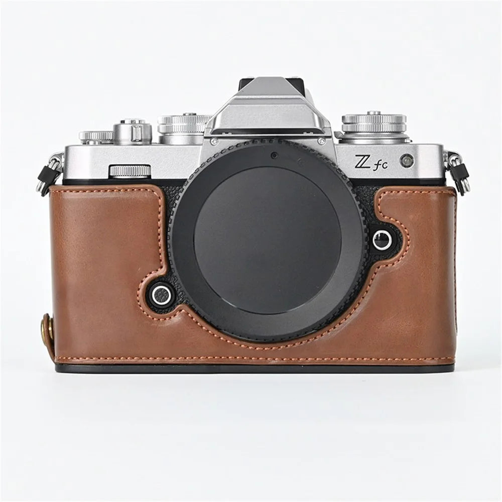 Camera Bag Bottom Case PU Leather Protective Half Body Cover with Battery Opening for Nikon Z fc - Coffee - 2
