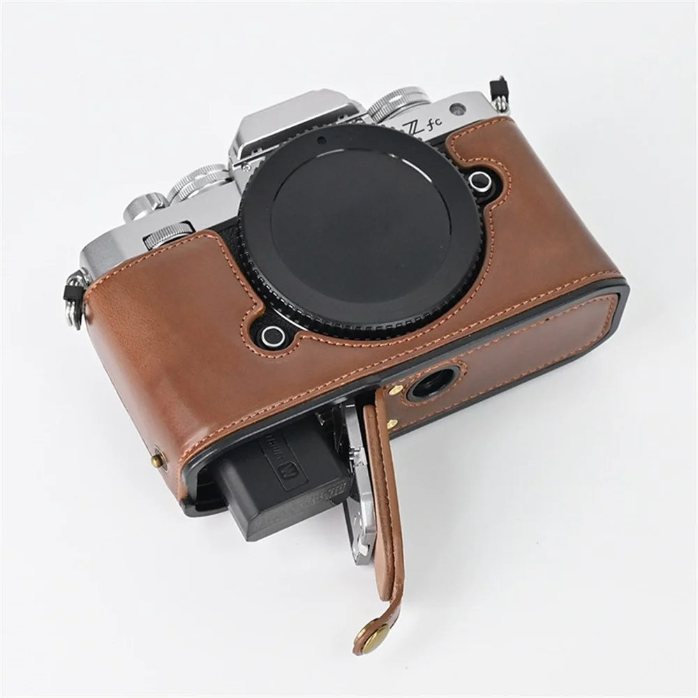 Camera Bag Bottom Case PU Leather Protective Half Body Cover with Battery Opening for Nikon Z fc - Coffee - 5