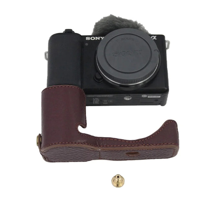 Genuine Leather Camera Bottom Case Protective Half Body Cover with Battery Opening for Sony ZV-E10 - Coffee - 2