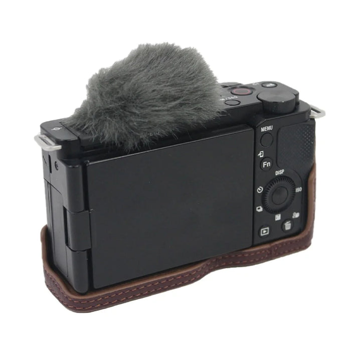 Genuine Leather Camera Bottom Case Protective Half Body Cover with Battery Opening for Sony ZV-E10 - Coffee - 3