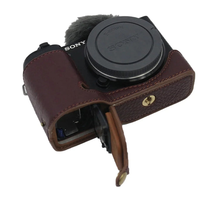 Genuine Leather Camera Bottom Case Protective Half Body Cover with Battery Opening for Sony ZV-E10 - Coffee - 5