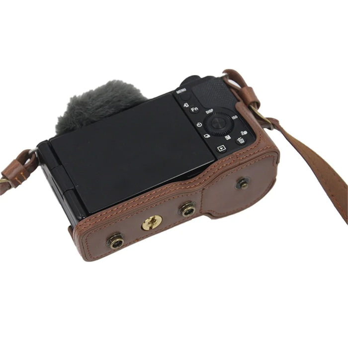 PU Leather Detachable Camera Bag Battery Opening Design Protective Case Cover with Accessories Pouch Shoulder Strap for Sony ZV-E10 - Coffee - 3