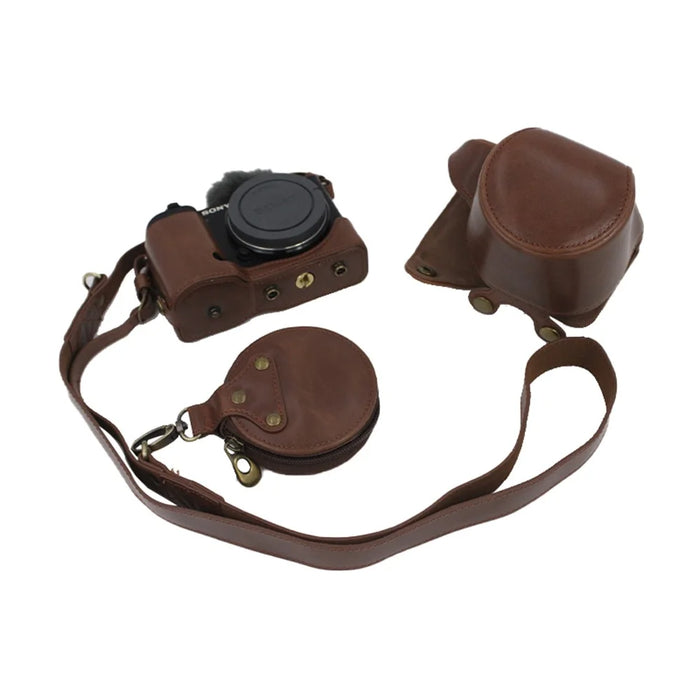 PU Leather Detachable Camera Bag Battery Opening Design Protective Case Cover with Accessories Pouch Shoulder Strap for Sony ZV-E10 - Coffee - 7